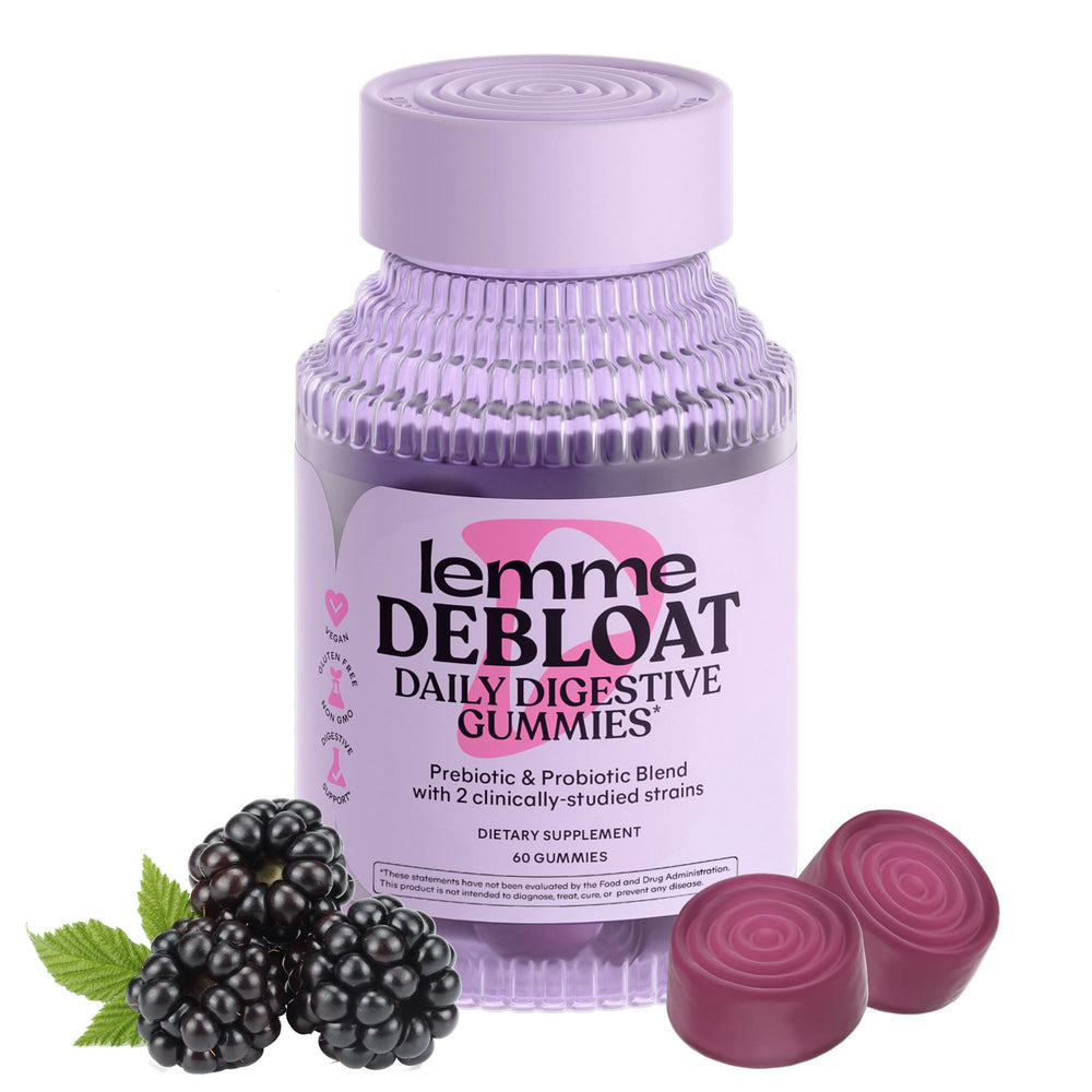 Lemme Debloat bottle front showing 60 gummies for daily gut support.