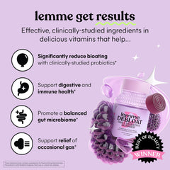 Lemme Debloat bottle label highlights probiotics LactoSpore and DE111 for gut balance.