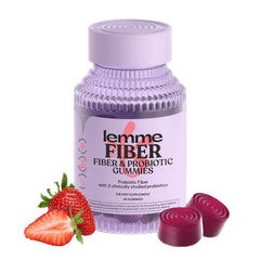 Lemme Fiber & Probiotic Gummies bottle front with strawberry flavor for daily gut support.