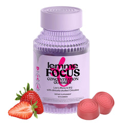 Lemme Focus strawberry bottle showing flavor and caffeine-free focus support.