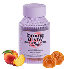 Lemme Glow bottle with peach-flavored collagen gummies for radiant hair and skin.