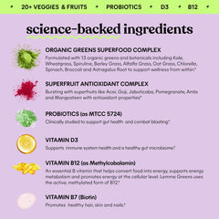 Lemme Greens bottle on desk highlights convenient nutrition for energy and immune balance.