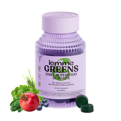 Lemme Greens Superfood Gummies bottle displays vibrant greens for daily gut support.