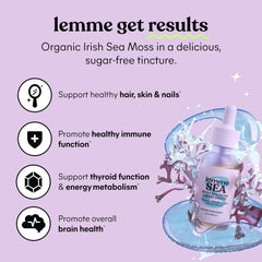 Lemme Irish Sea Moss Drops label highlights organic, non-GMO ingredients.