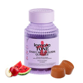 Lemme Tone metabolism gummies bottle showing energy-supporting formula and fruity flavor.