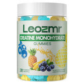 Leozmr Creatine Monohydrate Gummies packaging shows vegan, sugar-free formula for workouts