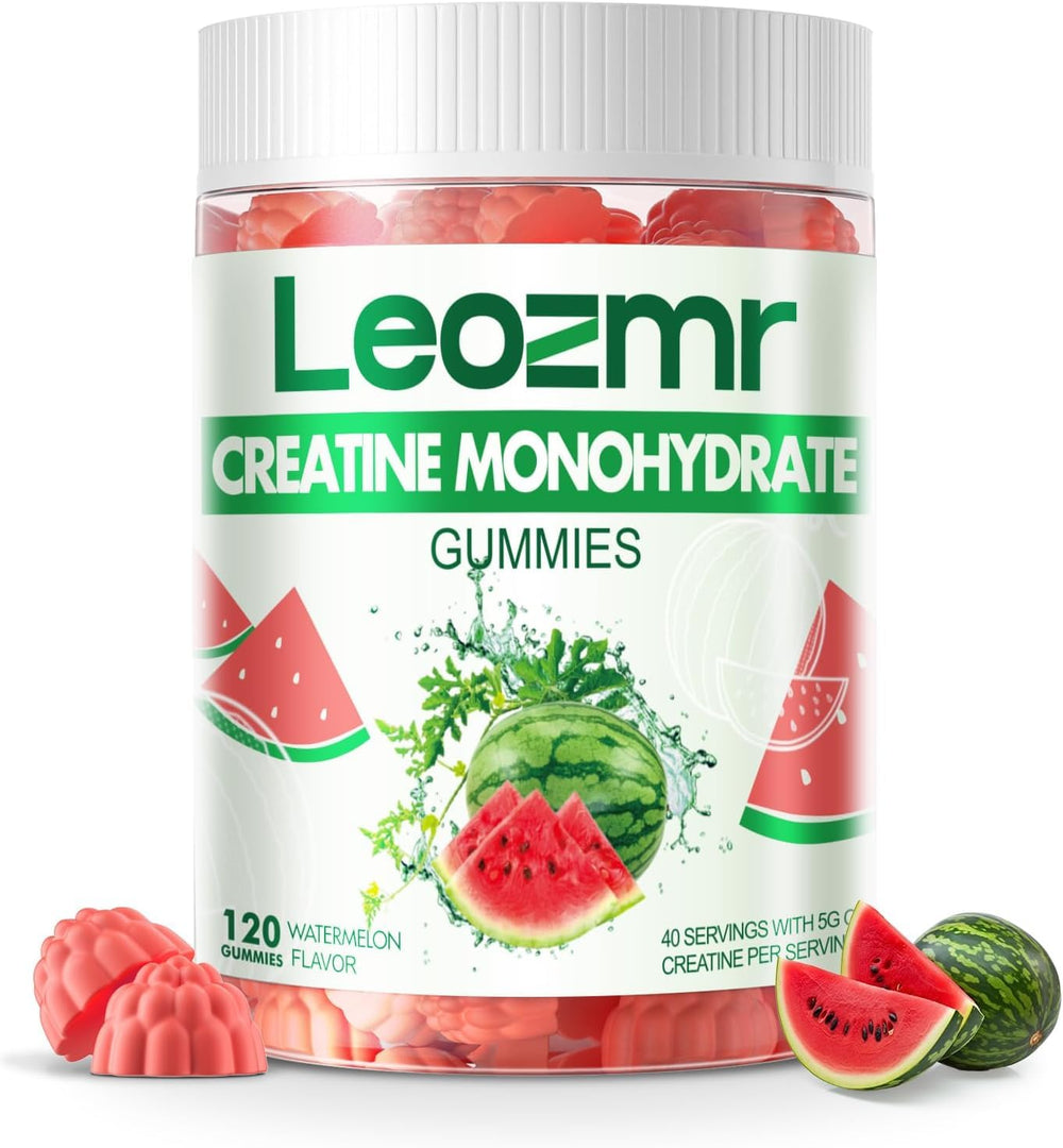 Leozmr Creatine Monohydrate Gummies, watermelon bottle, convenient workout supplement.