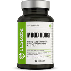 LES Labs Mood Boost bottle front showcasing premium packaging for stress relief.