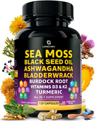 LetaGreen Sea Moss Capsules bottle close-up for daily plant-based wellness.