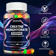 Letollhold Creatine Gummies label shows vegan non-GMO formula.