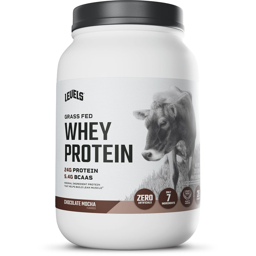 Levels grass-fed whey protein jar with chocolate mocha flavor for post-workout shakes