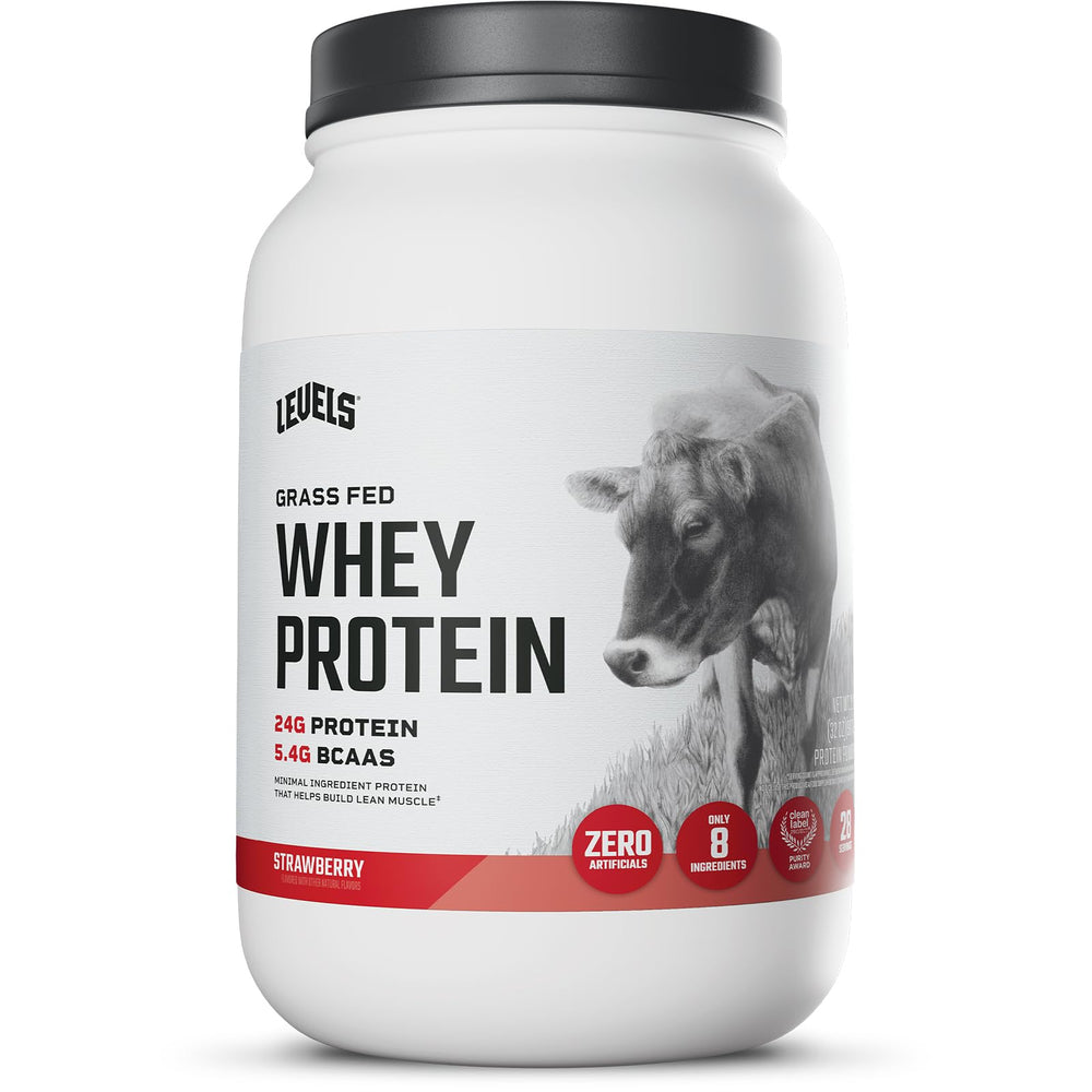 Levels Grass Fed Whey tub label showing clean ingredients and strawberry flavor benefits