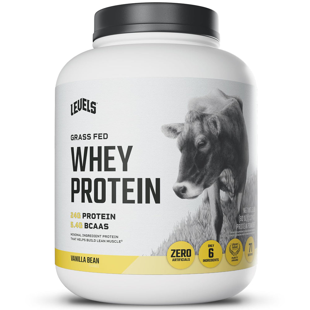 Levels Grass Fed Whey Vanilla Bean bottle ready for a shake, clean nutrition.