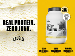 Levels Grass-Fed Whey Vanilla Bean tub front showing container