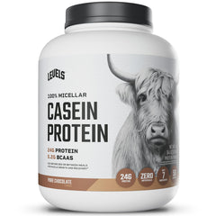 Levels Nutrition chocolate casein tub front showing premium protein for daily fueling