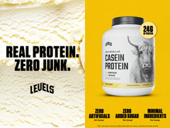 Levels vanilla bean casein scoop demonstrates measured serving for night-time protein