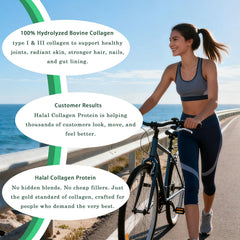 Lexenic Halal Collagen packaging emphasizing grass-fed, organic ingredients and purity.
