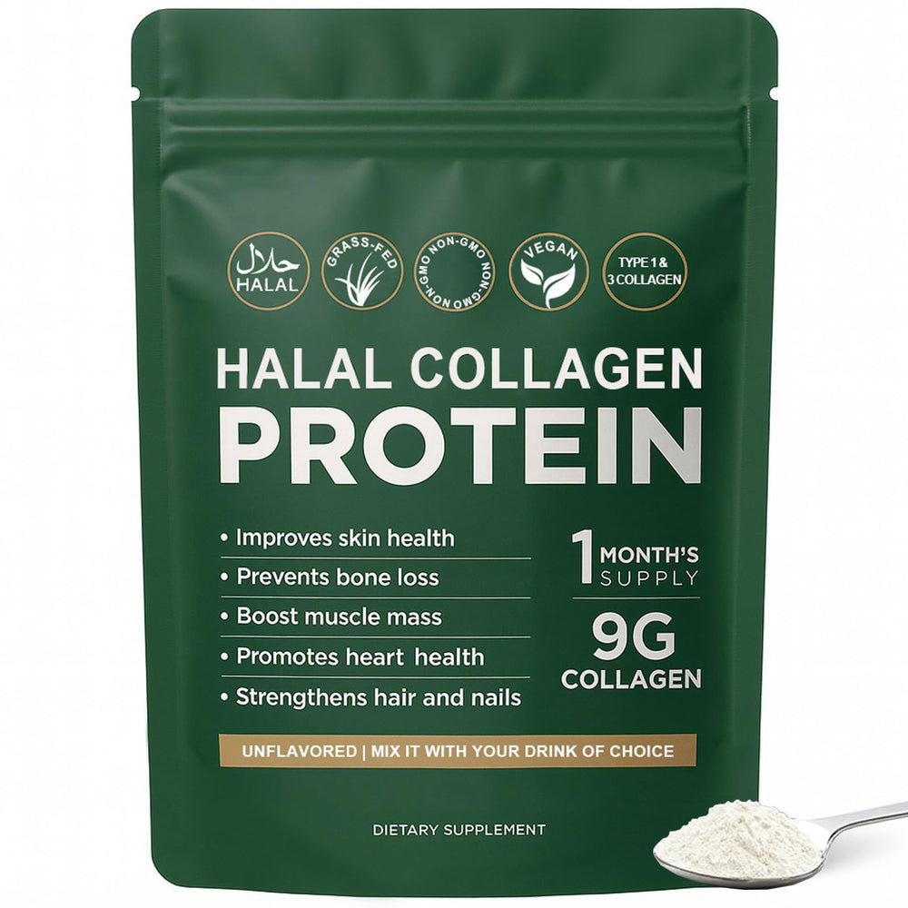Lexenic Halal Collagen protein powder bottle for daily use supporting skin glow and joints.