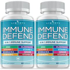Liberty Lifestyle 8-in-1 immune defense bottle supports daily wellness.