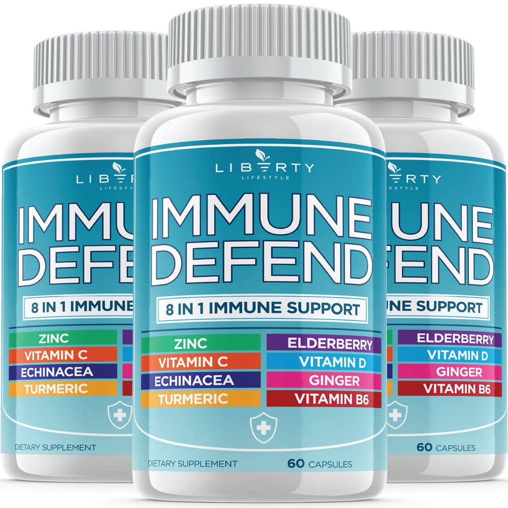 Liberty Lifestyle 8-in-1 immune bottle with a simple daily wellness capsule.