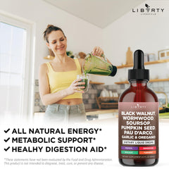 Liberty Lifestyle Defend Wormwood ingredients panel; features wormwood, garlic, turmeric.