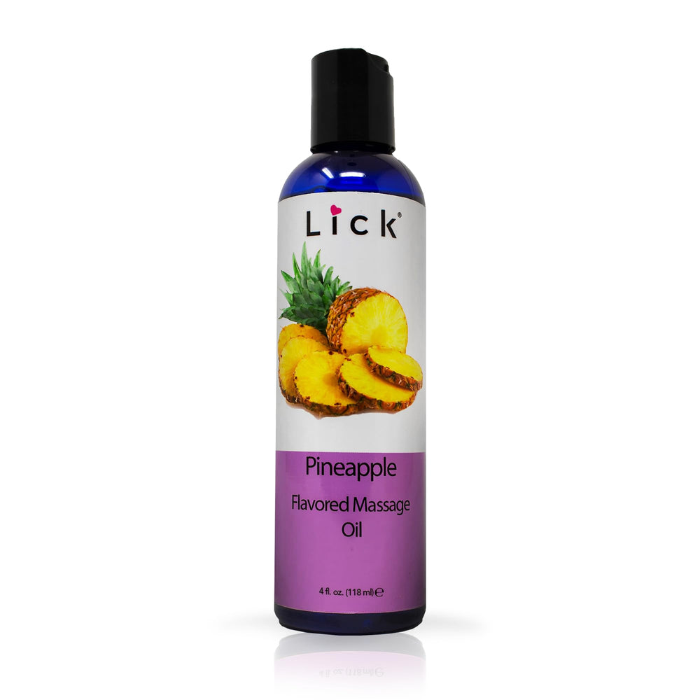 LICK Pineapple edible massage oil bottle offers a tasty glide for playful couples.