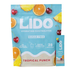 LIDO Tropical Punch packets on table for quick, zero-sugar hydration.
