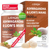 Liekoh Ashwagandha & Lions Mane capsules in bottle for daily focus support