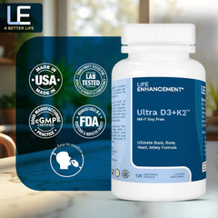 Life Enhancement Vitamin D3 K2 packaging emphasizes vegetarian capsules.