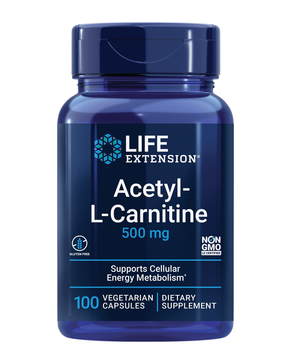 Life Extension Acetyl-L-Carnitine bottle highlights a formula for cellular energy.