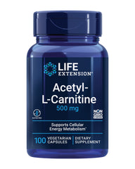 Life Extension Acetyl-L-Carnitine bottle highlights a formula for cellular energy.