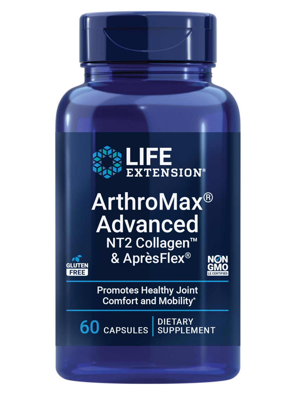 Life Extension ArthroMax Advanced NT2 Collagen bottle close-up for joint comfort