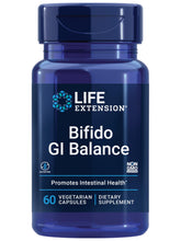 Life Extension Bifido GI Balance bottle closeup, 60 capsules, gluten-free and non-GMO.