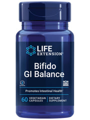 Life Extension Bifido GI Balance bottle closeup, 60 capsules, gluten-free and non-GMO.