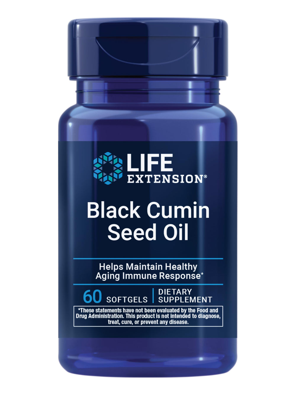 Life Extension Black Cumin Seed Oil bottle front view suggests immune support potential.