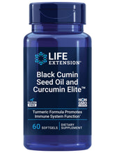 Life Extension Black Cumin Seed Oil and Curcumin Elite bottle front, immune support potential