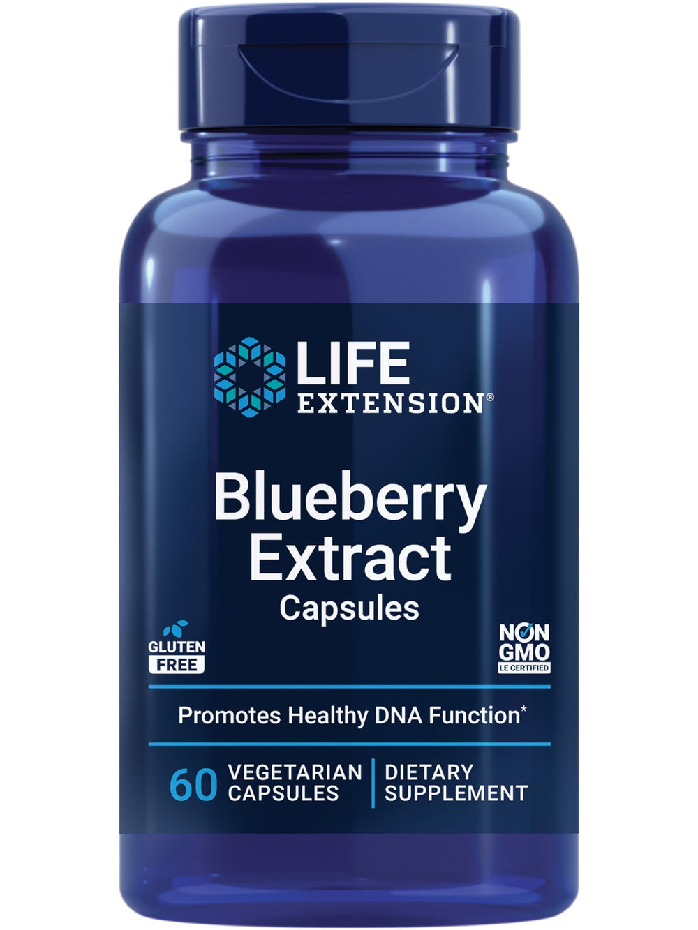 Life Extension Blueberry Extract Capsules bottle front shows gluten-free, non-GMO brain health support