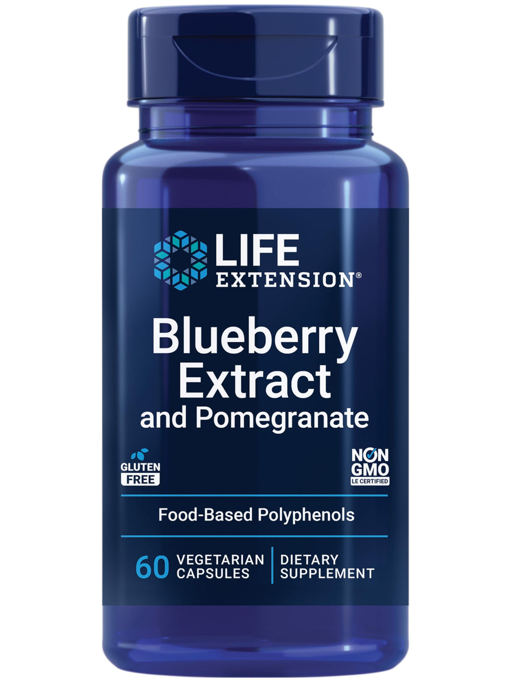Life Extension Blueberry Extract and Pomegranate bottle promoting arterial health support with antioxidants.