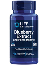 Life Extension Blueberry Extract and Pomegranate bottle promoting arterial health support with antioxidants.