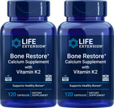 Life Extension Bone Restore bottle front highlights calcium and vitamin K2 for bone support