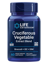 Life Extension cruciferous blend bottle with capsules, potential support for hormone balance