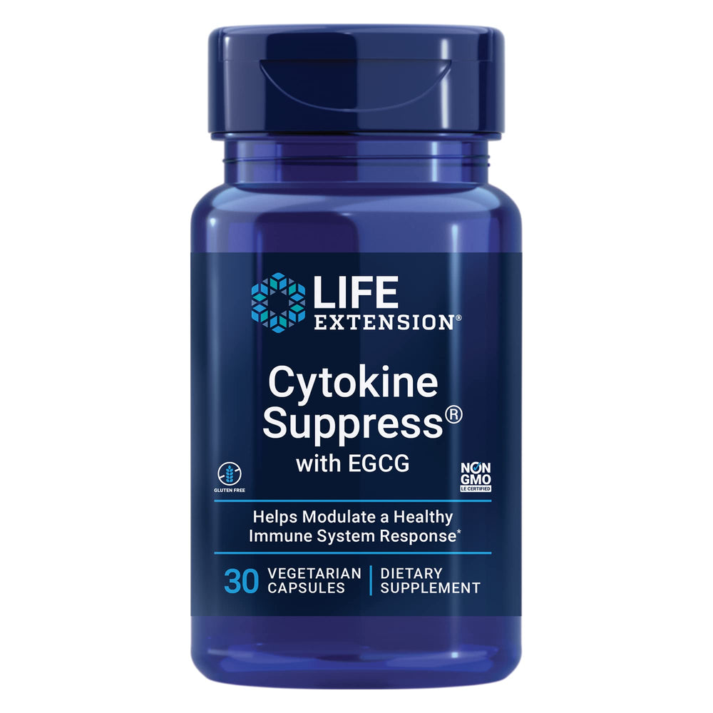 Life Extension Cytokine Suppress with EGCG bottle for daily immune support potential.