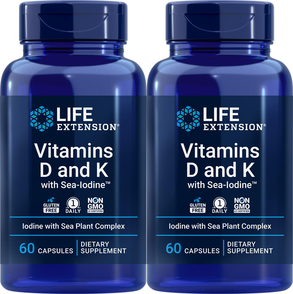 Life Extension D and K with Sea-Iodine bottle shows daily capsules for bone and thyroid support