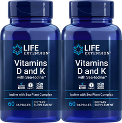Life Extension D and K with Sea-Iodine bottle shows daily capsules for bone and thyroid support