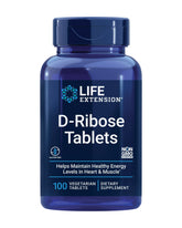 Life Extension D-Ribose tablets bottle highlights packaging and supports daily energy
