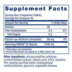 Life Extension D-Ribose tablets label closeup with calcium and energy support