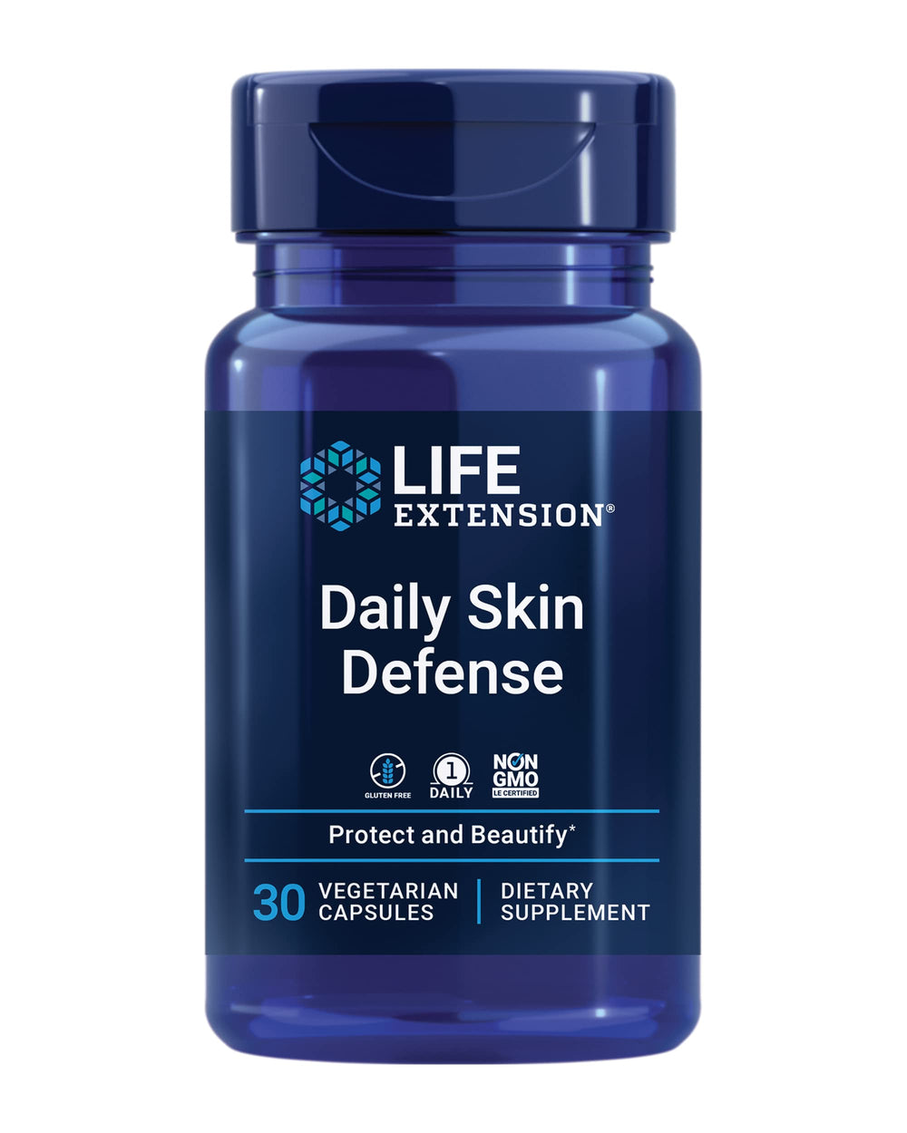 Life Extension Daily Skin Defense bottle front view showing daily skincare supplement for radiant skin.