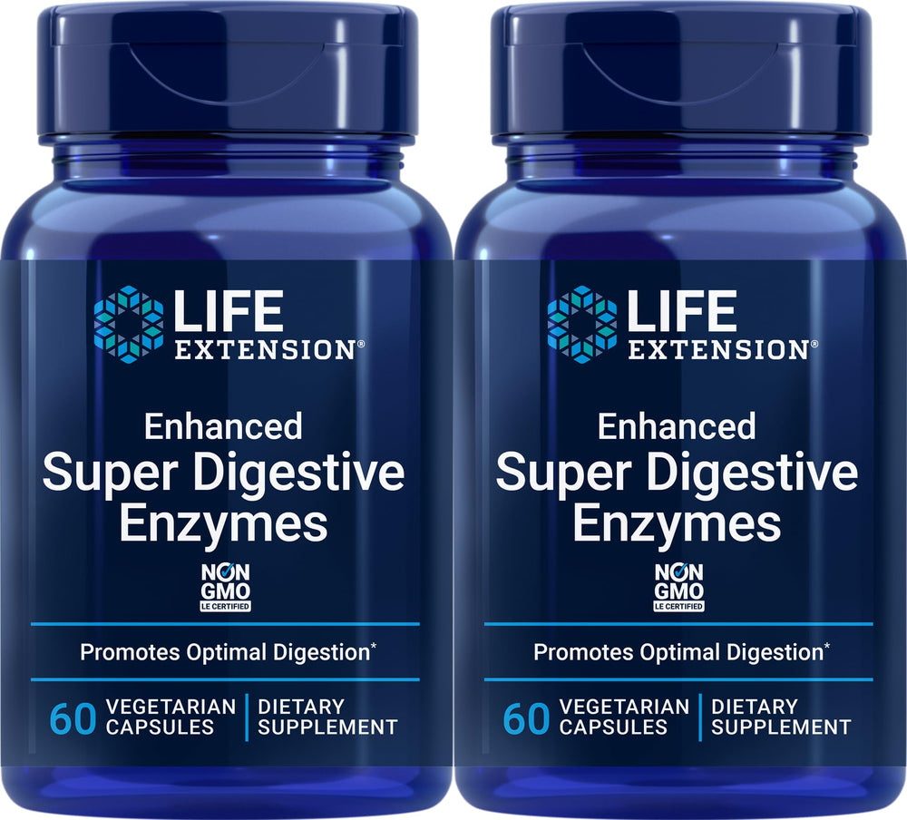 Life Extension Enhanced Super Digestive Enzymes bottle with plant-based capsules supporting digestion