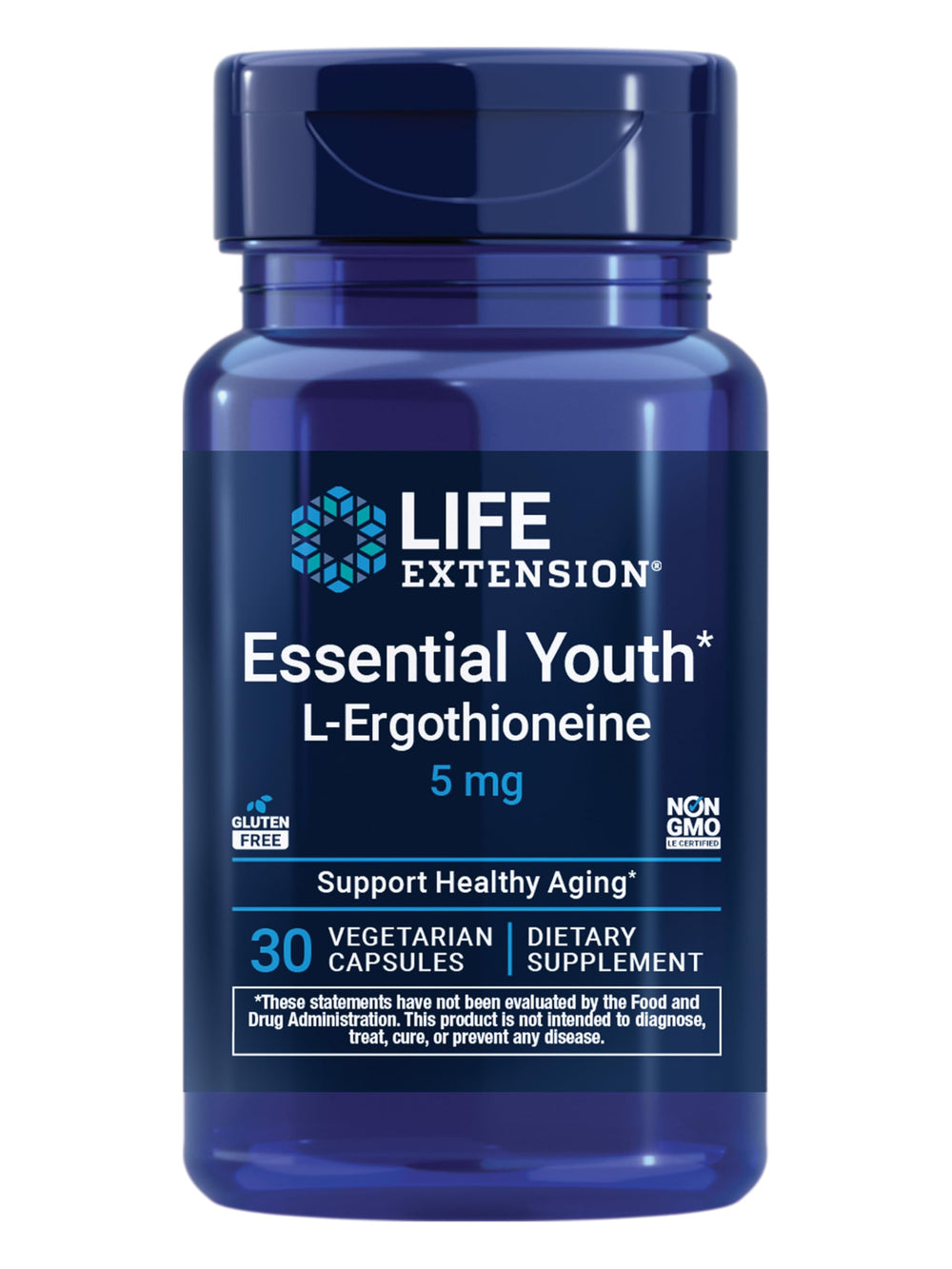 Life Extension Essential Youth L-Ergothioneine: empaque frente, apoyo al envejecimiento saludable