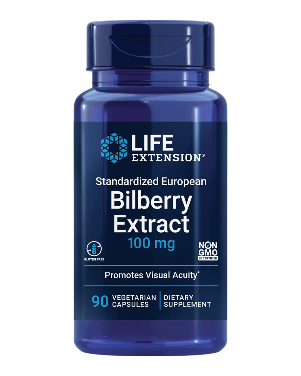 Life Extension European Bilberry bottle view highlights 100 mg formula for eye comfort